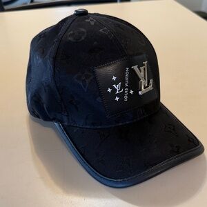 Louis Vuitton Black Monogram Baseball Cap with Leather Patch & Metal LV